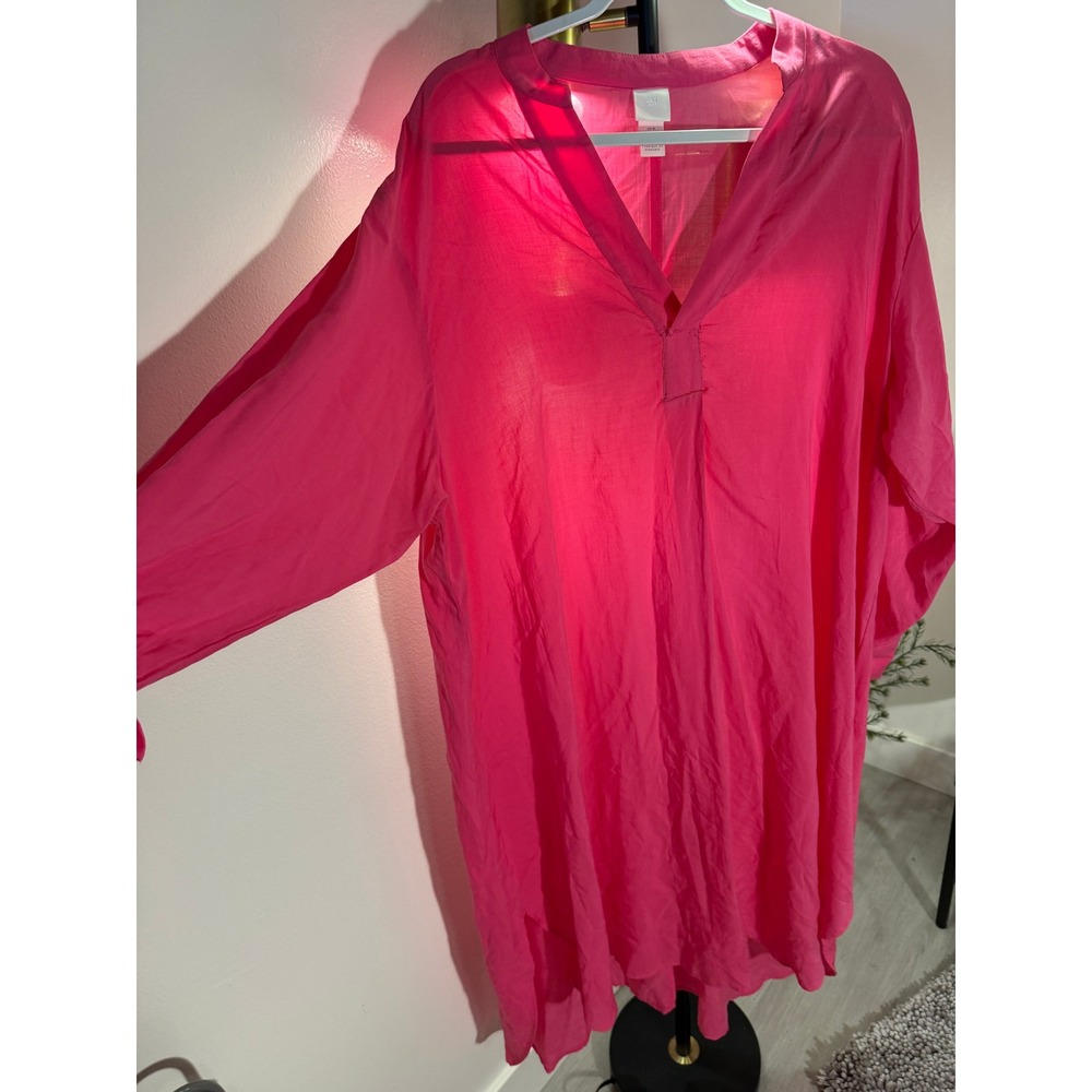 HM Hot Pink Kaftan Tunic Dress Long Sleeve V-Neck High-Low Hem Medium - Picture 2 of 8
